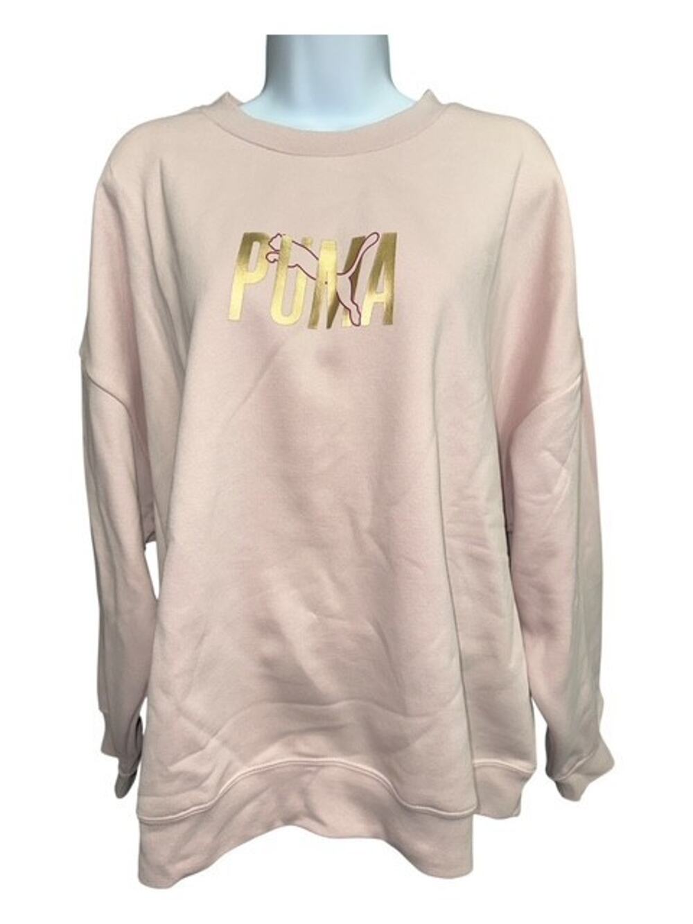 Puma Womens XXL Sweatshirt Pink Mauve Mist Gold Logo Crew Neck Soft Fleece Lined